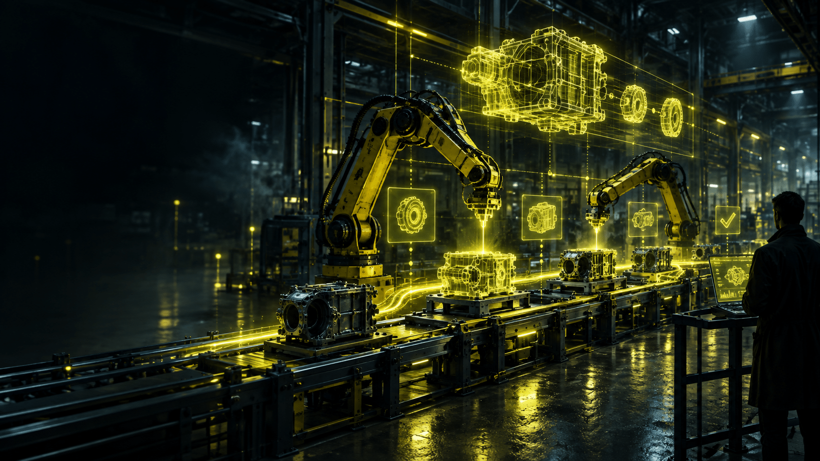 Fertigungslinie mit Robotern, darüber der digitale Plan der Bauteile