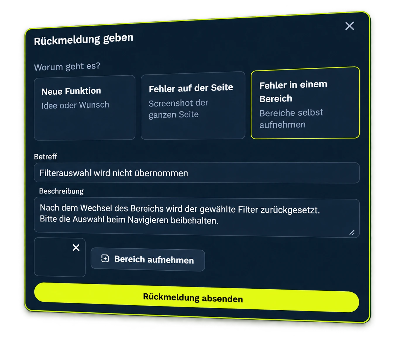 betterFLOW Rückmeldung: Fehler melden mit Titel, Beschreibung, automatischem Bildschirmfoto und Bereichsauswahl